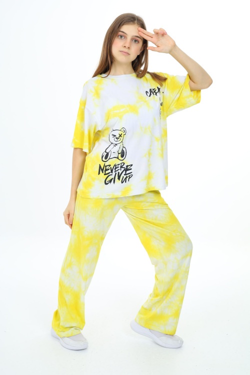 Sarı Batik Yazı Baskılı Kız Çocuk Takım 17836