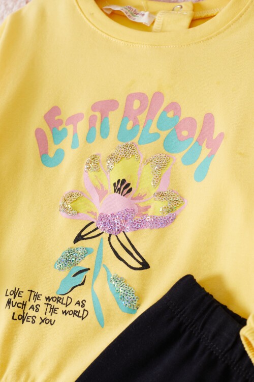 Sarı Çiçek Baskılı Pullu Kız Bebek Takım 17468