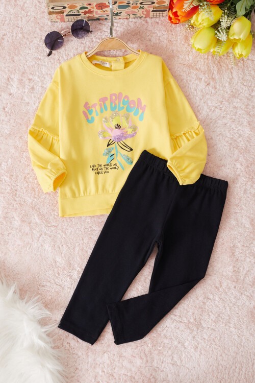 Sarı Çiçek Baskılı Pullu Kız Bebek Takım 17468