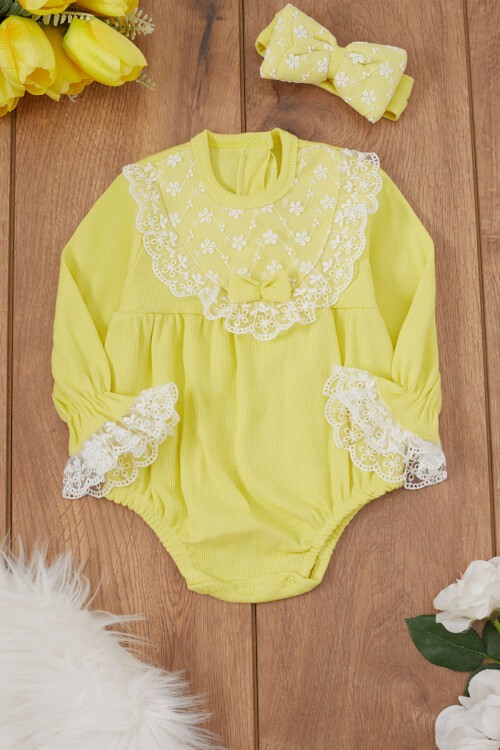 Sarı Dantel Detaylı Uzun Kollu Bandanalı Çıtçıtlı Badi  17364