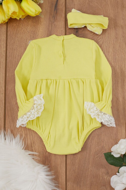 Sarı Dantel Detaylı Uzun Kollu Bandanalı Çıtçıtlı Badi  17364