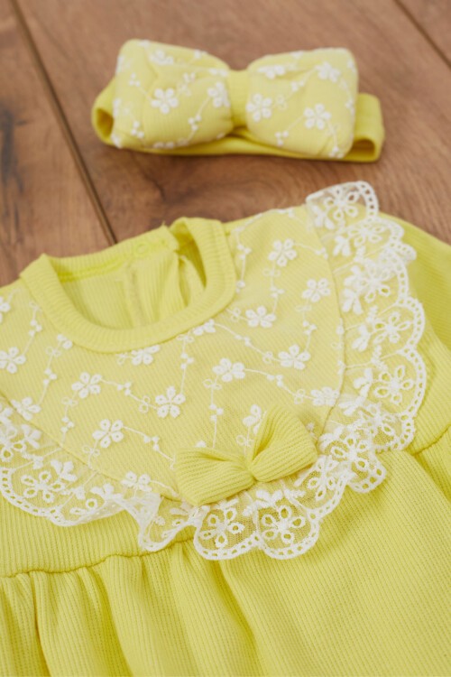 Sarı Dantel Detaylı Uzun Kollu Bandanalı Çıtçıtlı Badi  17364