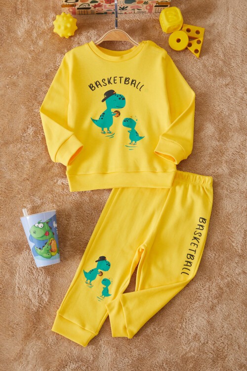 Sarı Dinozor Baskılı Basketball Yazılı Erkek Bebek Takım 17540