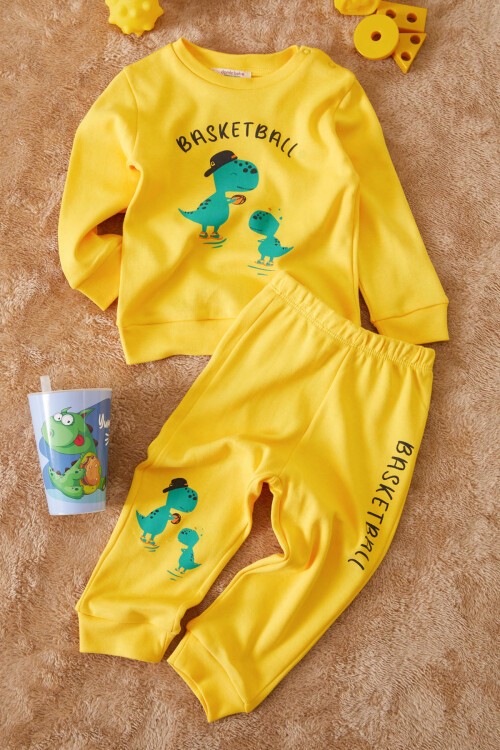 Sarı Dinozor Baskılı Basketball Yazılı Erkek Bebek Takım 17540