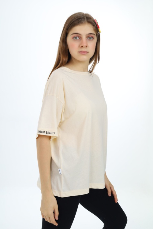 Sarı Düz Bisiklet Yaka Kız Tişört 18033