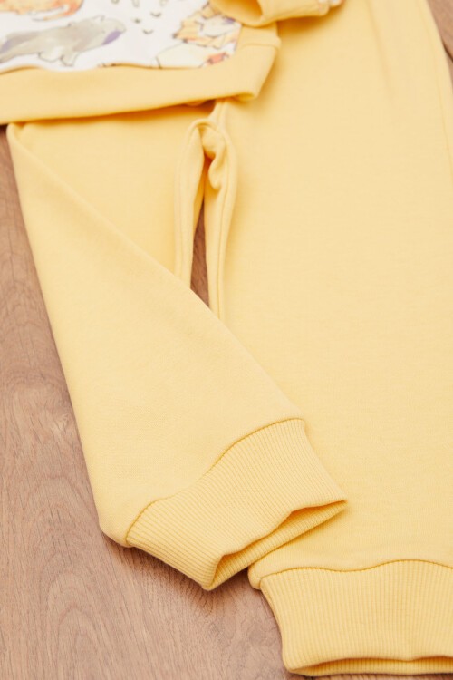 Sarı Erkek Bebek Hayvan Desenli Kanguru Cepli Eşofman Takımı 17381