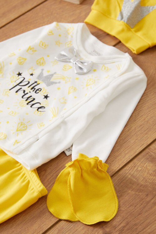Sarı Prens Baskılı Şapkalı Erkek Bebek 5li Zıbın Takımı 17522