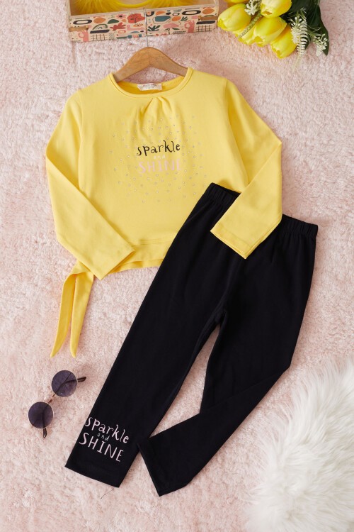 Sarı Shine Yazılı Payetli Kız Çocuk Taytlı Takım 17464