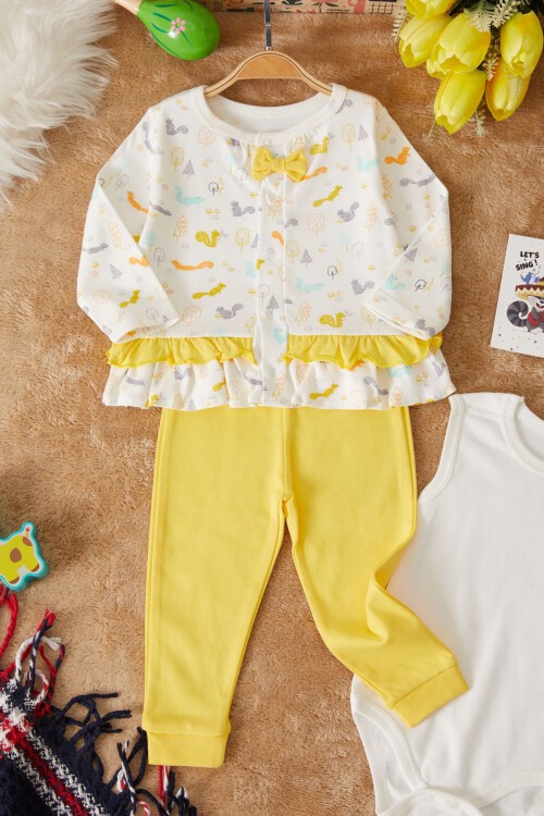 Sarı Sincap Baskılı Badili Kız Bebek 3lü Zıbın Takımı 17516