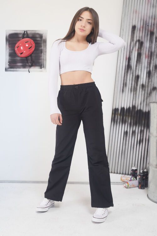 Siyah Ayarlanabilir Yüksek Bel Kız Çocuk Paraşüt Pantolon 17653