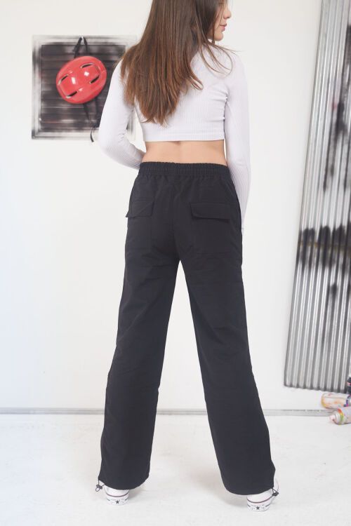 Siyah Ayarlanabilir Yüksek Bel Kız Çocuk Paraşüt Pantolon 17653