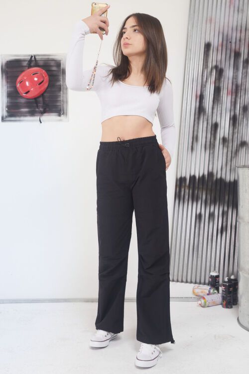 Siyah Ayarlanabilir Yüksek Bel Kız Çocuk Paraşüt Pantolon 17653