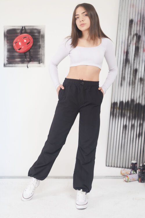 Siyah Ayarlanabilir Yüksek Bel Kız Çocuk Paraşüt Pantolon 17653