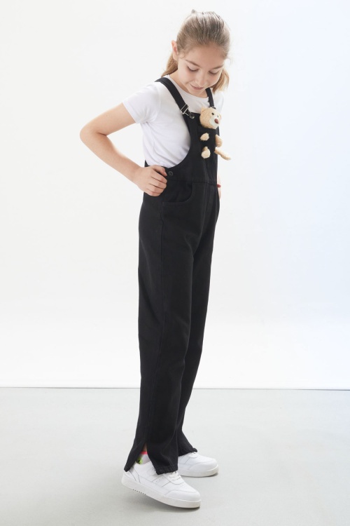 Siyah Ayıcık Cepli Yırtmaçlı Kız Çocuk Salopet Tulum 17715