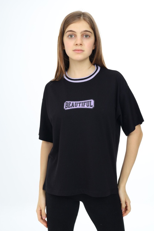 Siyah Beautiful Yazılı Oversize Kız Tişört 17814