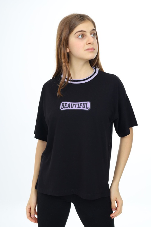 Siyah Beautiful Yazılı Oversize Kız Tişört 17814
