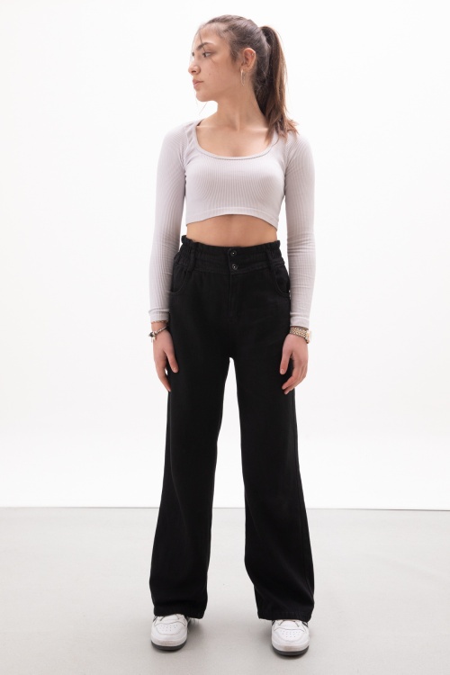 Siyah Beli Lastikli Geniş Paça Kız Çocuk Jean Pantolon 17986