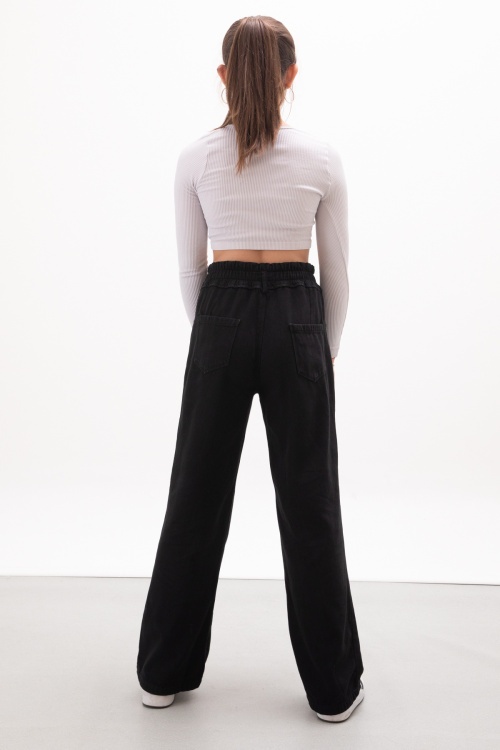 Siyah Beli Lastikli Geniş Paça Kız Çocuk Jean Pantolon 17986