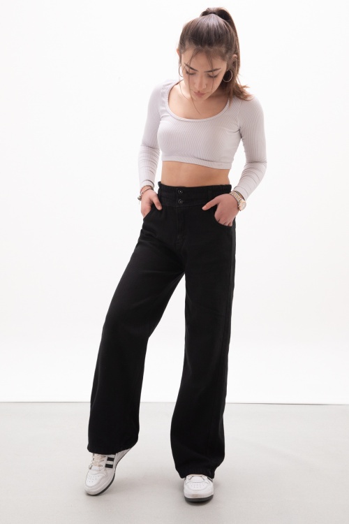 Siyah Beli Lastikli Geniş Paça Kız Çocuk Jean Pantolon 17986