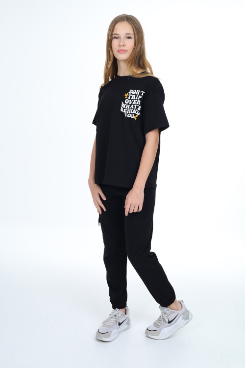 Siyah Çiçek Baskılı Kız Çocuk Takım 17883