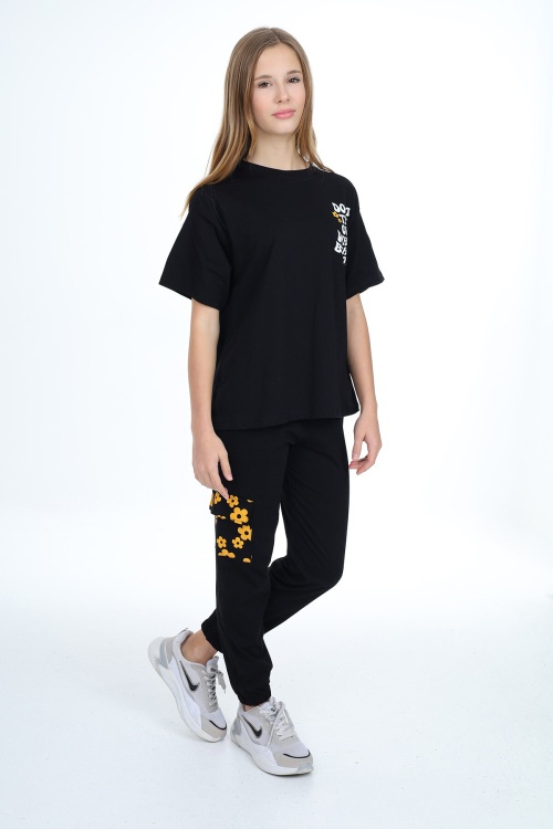 Siyah Çiçek Baskılı Kız Çocuk Takım 17883