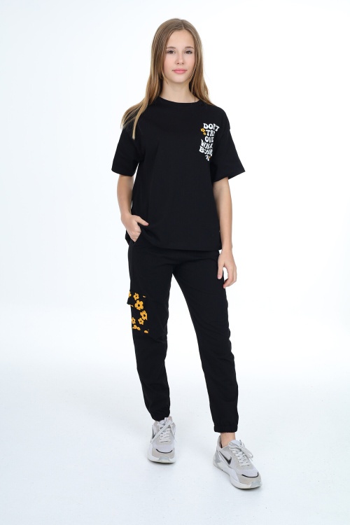 Siyah Çiçek Baskılı Kız Çocuk Takım 17883