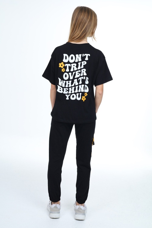 Siyah Çiçek Baskılı Kız Çocuk Takım 17883