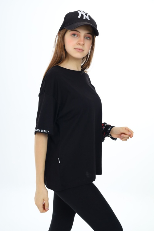 Siyah Düz Bisiklet Yaka Kız Tişört 18036