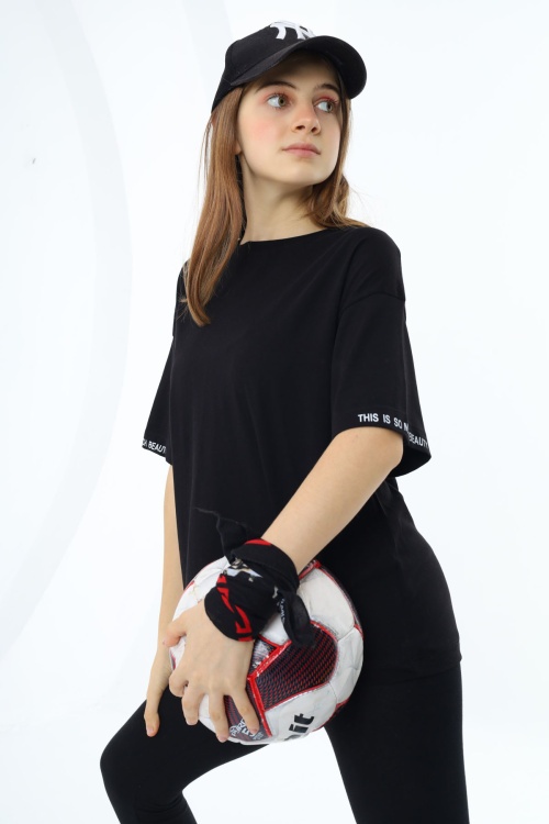 Siyah Düz Bisiklet Yaka Kız Tişört 18036