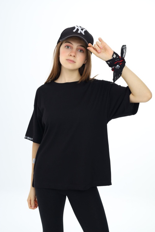 Siyah Düz Bisiklet Yaka Kız Tişört 18036