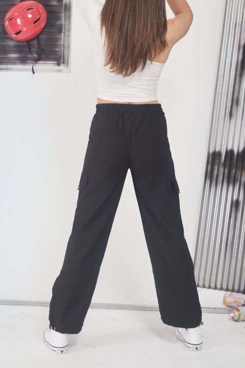 Siyah Fermuar Cepli Kız Çocuk Paraşüt Pantolon 17600