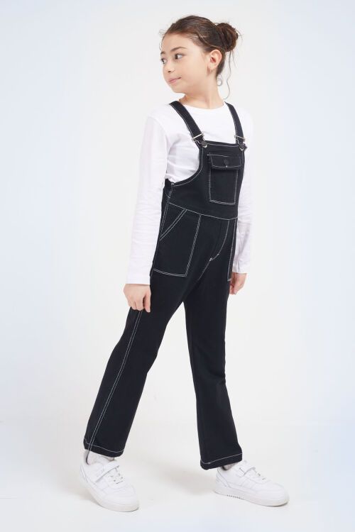 Siyah Göğüs Cepli Kız Çocuk Jean Salopet Tulum 17610