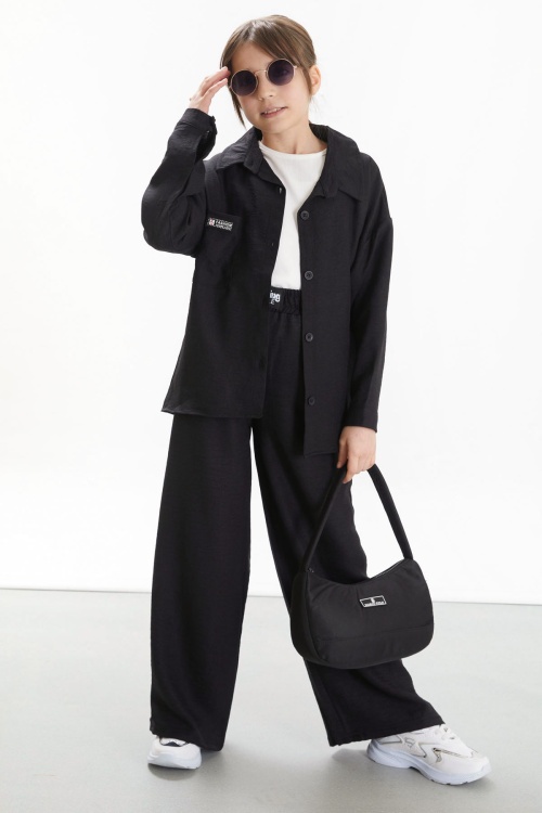 Siyah Gömlekli Beyaz Croplu Pantolonlu Kız Çocuk 3lü Takım 17697