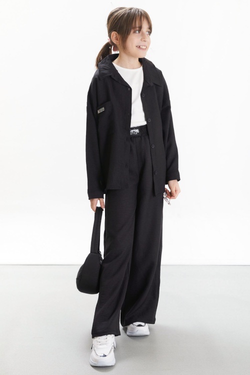 Siyah Gömlekli Beyaz Croplu Pantolonlu Kız Çocuk 3lü Takım 17697