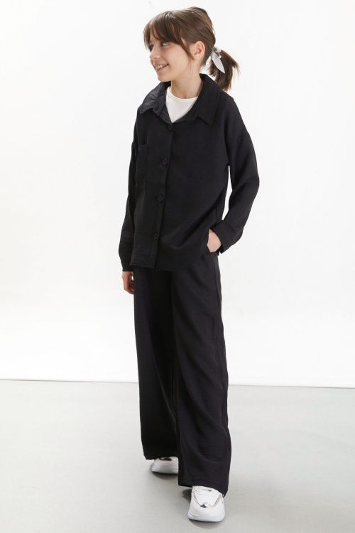 Siyah Gömlekli Beyaz Croplu Pantolonlu Kız Çocuk 3lü Takım 17697