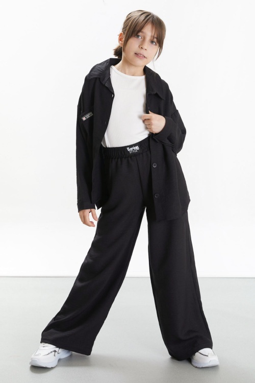 Siyah Gömlekli Beyaz Croplu Pantolonlu Kız Çocuk 3lü Takım 17697