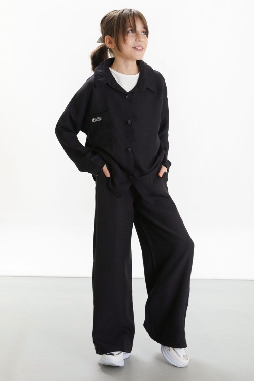 Siyah Gömlekli Beyaz Croplu Pantolonlu Kız Çocuk 3lü Takım 17697