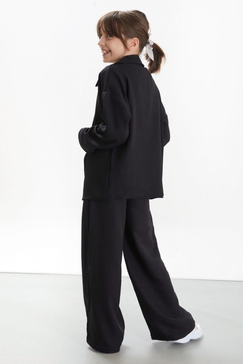 Siyah Gömlekli Beyaz Croplu Pantolonlu Kız Çocuk 3lü Takım 17697