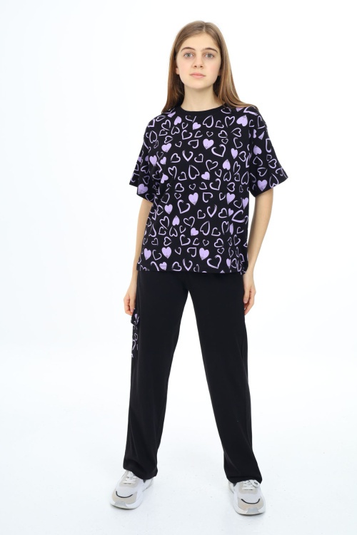 Siyah Kalp Baskılı Kız Çocuk Takım 17875