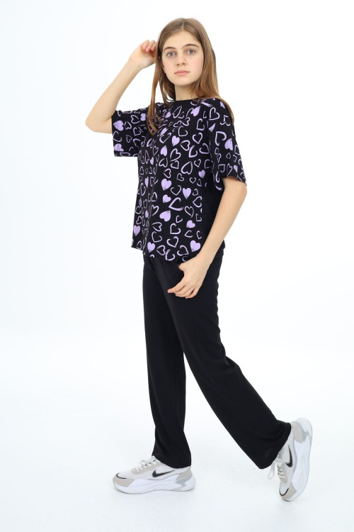 Siyah Kalp Baskılı Kız Çocuk Takım 17875