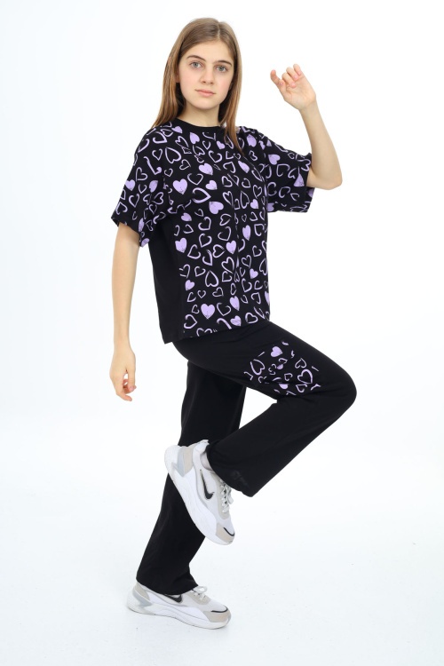 Siyah Kalp Baskılı Kız Çocuk Takım 17875