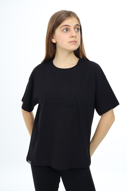 Siyah Kalp Kabartmalı Bisiklet Yaka Kız Tişört 17792