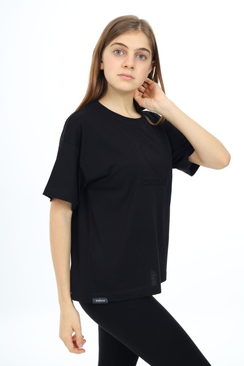 Siyah Kalp Kabartmalı Bisiklet Yaka Kız Tişört 17792