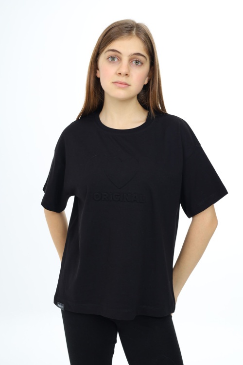 Siyah Kalp Kabartmalı Bisiklet Yaka Kız Tişört 17792