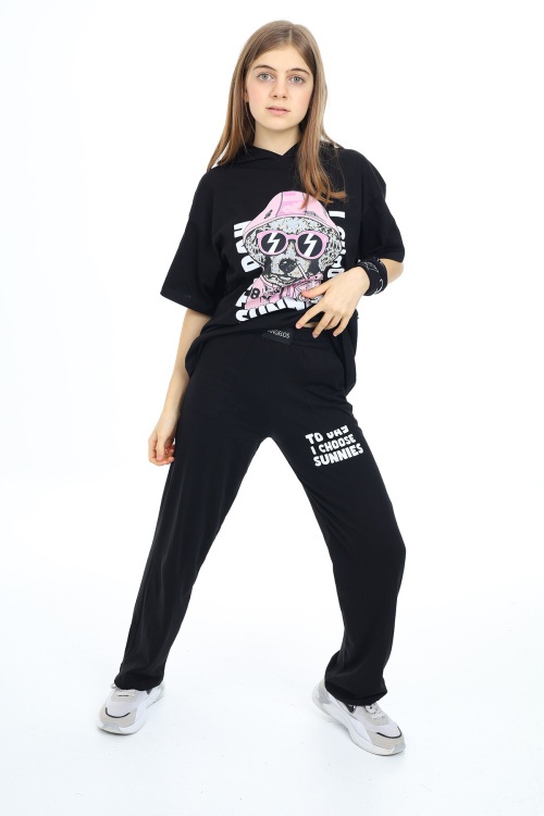 Siyah Karakter Baskılı Kız Çocuk Takım 17849