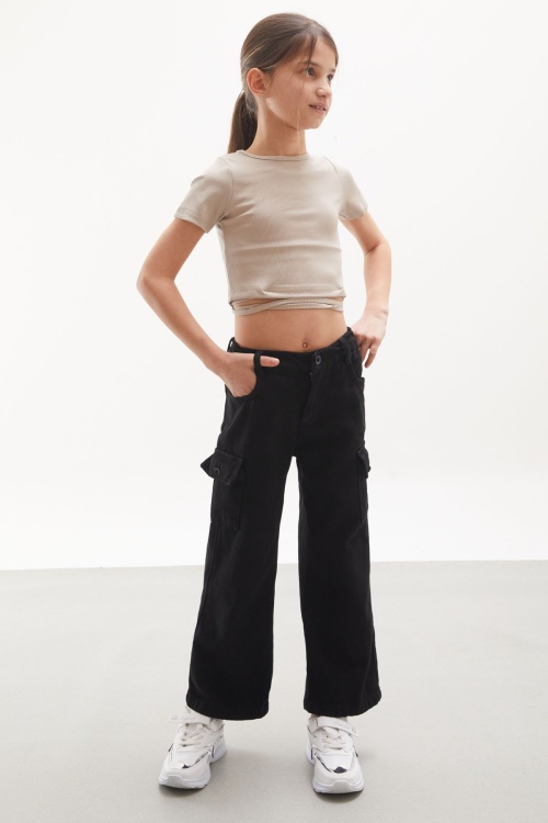 Siyah Kargo Cepli Geniş Paça Kız Çocuk Jean Pantolon 18112