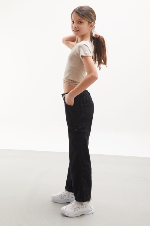 Siyah Kargo Cepli Geniş Paça Kız Çocuk Jean Pantolon 18112