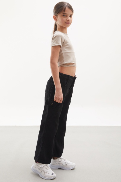 Siyah Kargo Cepli Geniş Paça Kız Çocuk Jean Pantolon 18112