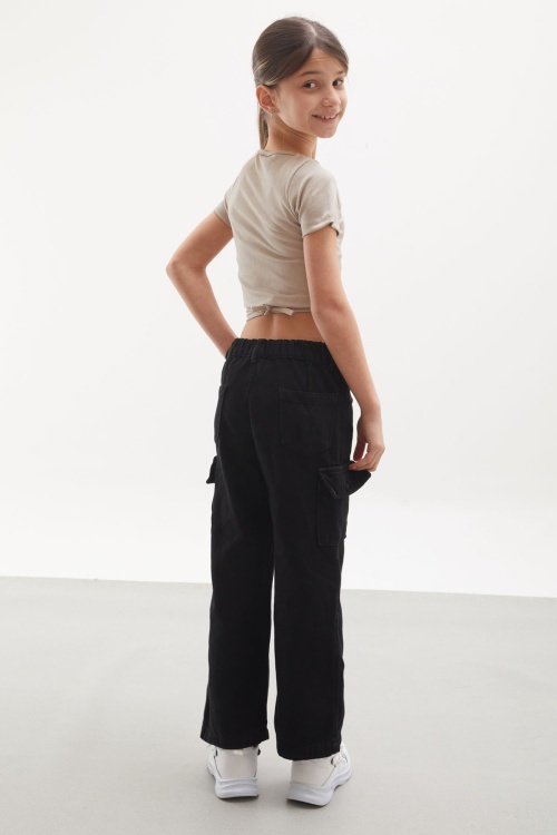 Siyah Kargo Cepli Geniş Paça Kız Çocuk Jean Pantolon 18112