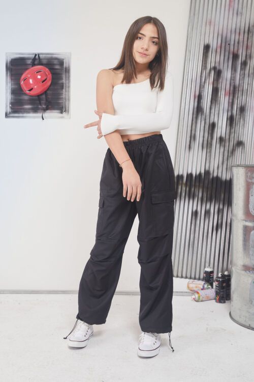 Siyah Lastikli Paça Kargo Cepli Kız Çocuk Paraşüt Pantolon 17562